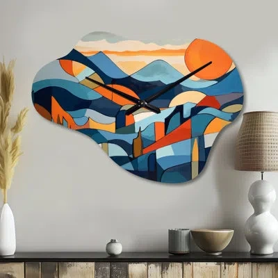 Design Art Mid Century Perspectives Ii - Midcentury Modern Asymmetrical Metal Clocks, Blue Cloud Metal Wall Clo In Blue;orange;blue;orange