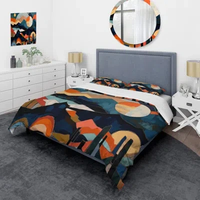 Design Art Mid Century Perspectives Iii - Abstract Midcentury Duvet Cover Set - Microfiber Polyester In Blue;orange