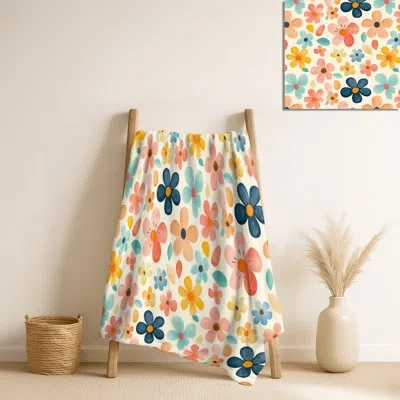 Design Art Mid Century Retro Flowers – Yellow Geometric Cozy Teens Blanket, Minimalist Soft Throw In Yellow;blue