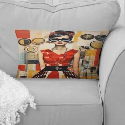 Design Art Mid Century Retro Woman Portrait V - Abstract Midcentury Printed Throw Pillow In Red;beige