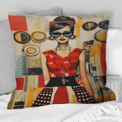 Design Art Mid Century Retro Woman Portrait V - Abstract Midcentury Printed Throw Pillow In Red;beige