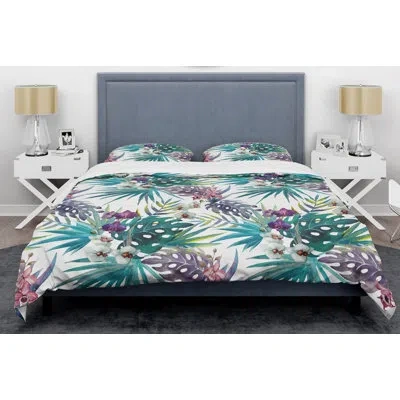 Design Art Mid-century Duvet Cover Set, Retro Botanical Bedding - Retro Botanical I In Aqua,purple