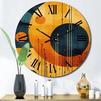 Design Art Midcentury Geometric Abstract In Retro Orange Ii Metal Wall Clock In Gold