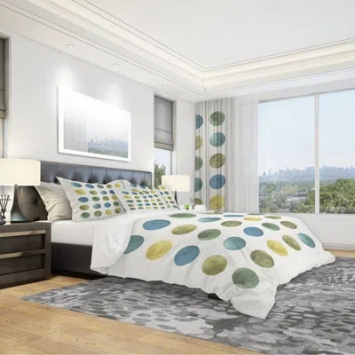 Design Art Mid-century Modern Duvet Cover Set - Microfiber Polyester In Green Tones Geometric Circles