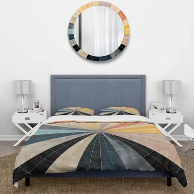 Design Art Mid-century New Balance Abstract Geometrics Iii - Abstract Duvet Cover Set - Microfiber Polyester In Blue;gold