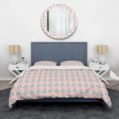 Design Art Midcentury Pink Shapes With Black Polka Dots I - Mid-century Duvet Cover Set - Microfiber Polyester