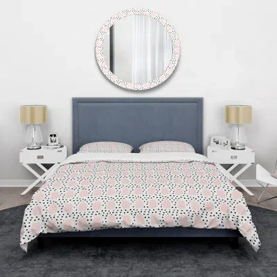 Design Art Midcentury Pink Shapes With Black Polka Dots Ii - Mid-century Duvet Cover Set - Microfiber Polyester In White;pink