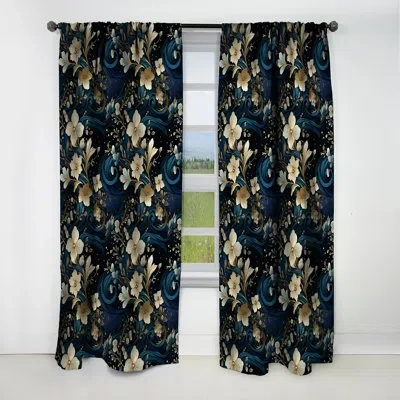 Design Art Midnight Blue And Golden Floral Marble Pattern I - Abstract Marble Blackout Curtain - 1 Panels In Blue;gold