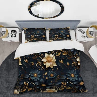 Design Art Midnight Blue Charm Gold And Black Duvet Cover Set In Blue;gold