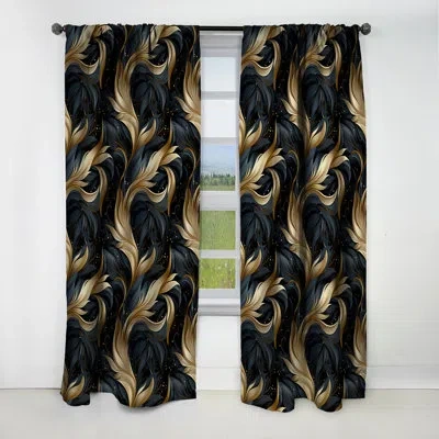 Design Art Midnight Charm Gold And Black Ii - Glam Feather Abstract Blackout Curtain - 1 Panels In Black;gold