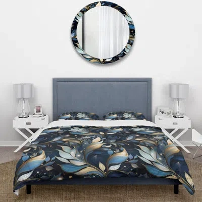 Design Art Midnight Mirage Moody Patterns Ii - Damask Duvet Cover Set - Microfiber Polyester In Blue;white