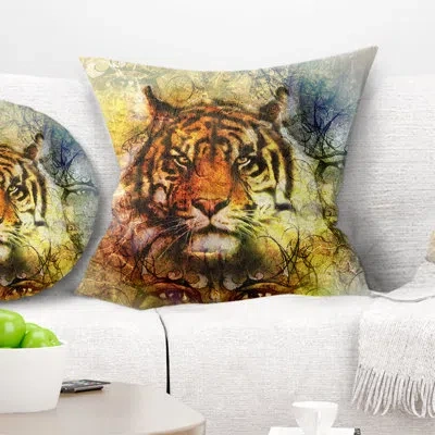 Design Art Mighty Tiger With Mystic Face - Animal Printed Pillow In Orange