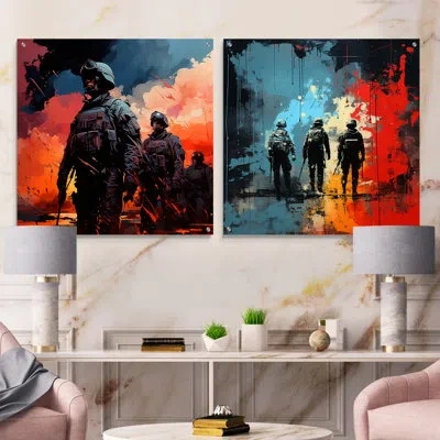 Design Art Military Soldiers Harmony In Chaos - Military Acrylic Wall Art Glass Set Of 2 In Multicolor