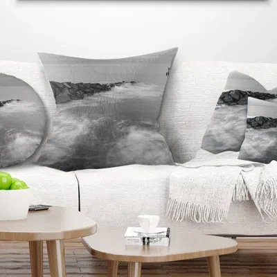 Design Art Milky Waves Splashing Over Rocks - Sea & Shore Printed Pillow In White
