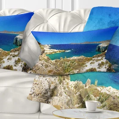Design Art Milos Island Bay Panorama - Sea & Shore Printed Throw Pillow In Blue;black;brown;green;red;yellow