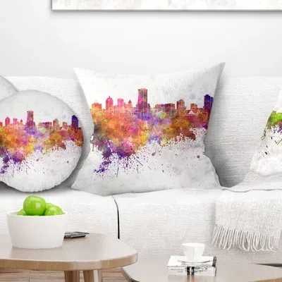 Design Art Milwaukee Skyline - Cityscape Printed Pillow In Yellow;purple