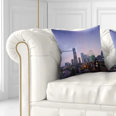 Design Art Minato Mirai Yokohama At Twilight - Cityscape Printed Pillow In Blue;black;brown;green;red;yellow