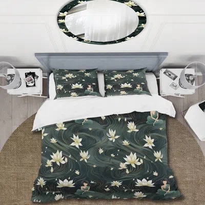 Design Art Mindful Retreat Yoga Oasis Zen Duvet Cover Set In White;green
