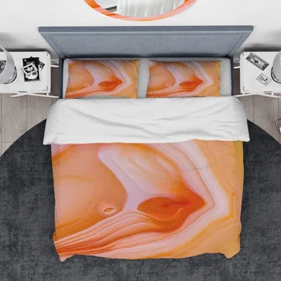 Design Art Mineral Orange Agate - Abstract Duvet Cover Set - Microfiber Polyester In White;orange