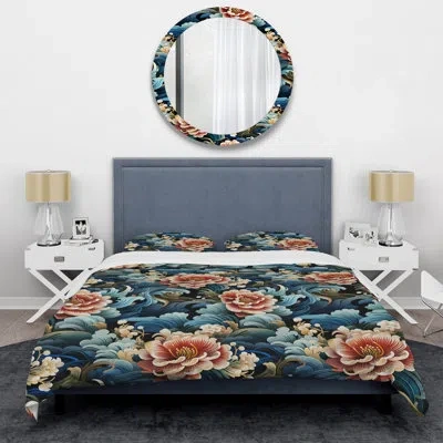 Design Art Ming Dynasty Resonance I - Oriental Duvet Cover Set - Microfiber Polyester In Blue;green;orange