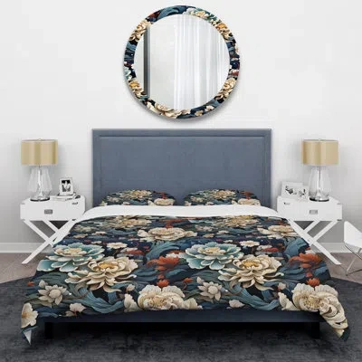 Design Art Ming Dynasty Reverence I - Oriental Duvet Cover Set - Microfiber Polyester In Blue;beige