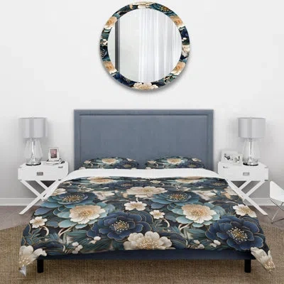 Design Art Ming Dynasty Reverence Ii - Oriental Duvet Cover Set - Microfiber Polyester In Blue;beige