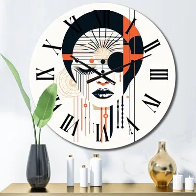 Design Art Minimal Boho Geometric Woman Portrait - Fashion Woman Wall Clock In Black;white;orange