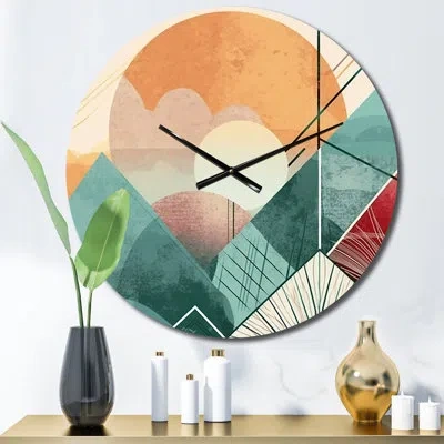 Design Art Minimal Boho Landscape In Retro Earthy Green Metal Wall Clock In Turquoise