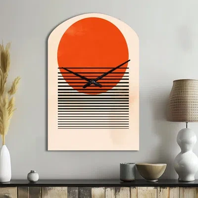Design Art Minimal Geometric Orange Bold Sunset Ii - Geometric Asymmetrical Metal Clock, Orange Arch Wall Clock