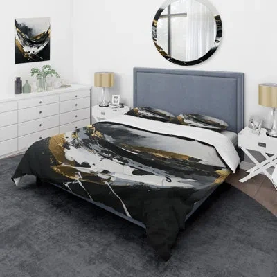 Design Art Minimal Joy In Black And Gold X - Abstract Painting Duvet Cover Set - Microfiber Polyester In Black;gold