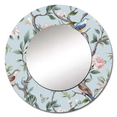 Design Art Minimalism Bird On Flowers Vii - Bird Mirror, Modern Round Unique Wall Mirror, Printed Metal Art In Blue;green