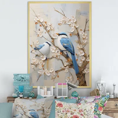 Design Art Minimalism Birds Of Paradise Cherry Blossoms - Animals Canvas Wall Art Fdp107148 In Gold