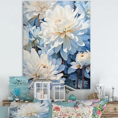 Design Art Minimalism Blooming Mums In Blue And Whhite Ii On Canvas Print In Wrapped Canvas