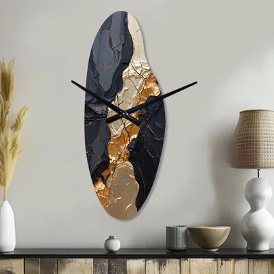 Design Art Minimalism Chrome Gold And Black Potteries Ii - Abstract Spirals Curved Metal Clock, Gold Asymmetric In Black;gold