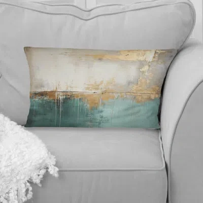 Design Art Minimalism Gold And Teal Horizon - Abstract Painting Printed Throw Pillow In Blue;gold