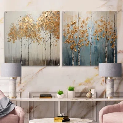Design Art Minimalism Golden Trees Tranquility - Trees Acrylic Wall Art Glass Set Of 2
