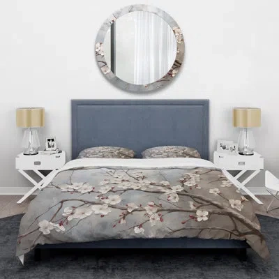 Design Art Minimalism Grey And Beige Cherry Blossom I - Cherry Blossom Duvet Cover Set In Gray