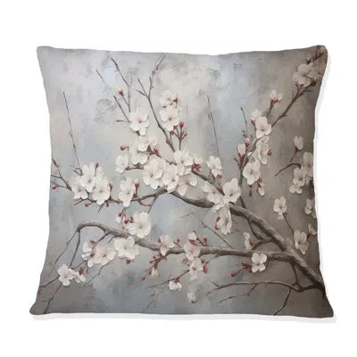 Design Art Minimalism Grey And Beige Cherry Blossom I - Cherry Blossom Printed Throw Pillow In Gray