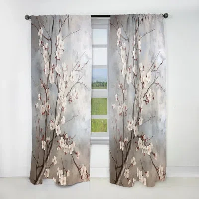 Design Art Minimalism Grey And Beige Cherry Blossom I - Traditional Curtain - Velvet Room Darkening - 1 Panel In Beige;grey