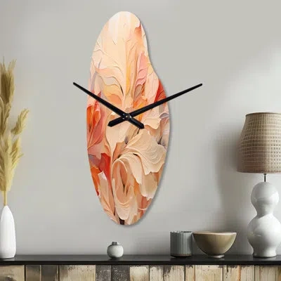 Design Art Minimalism Peach Flowers - Birds Of Paradise Asymmetrical Metal Clock, Traditional Curved Wall Clock In Beige;pink