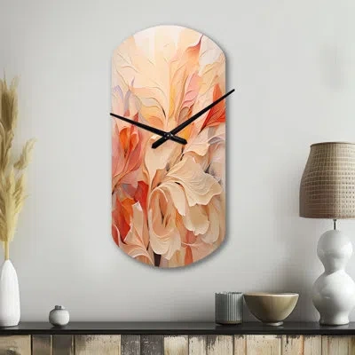 Design Art Minimalism Peach Flowers - Birds Of Paradise Asymmetrical Metal Wall Clock, Peach Cylinder Metal Clo In Beige;pink