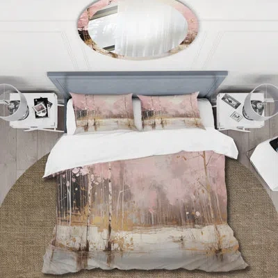 Design Art Minimalism Pink And Gold Forest I - Forest Duvet Cover Set In Beige;gold