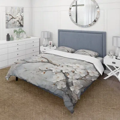 Design Art Minimalism White And Grey Cherry Blossom - Cherry Blossom Duvet Cover Set In White;gray