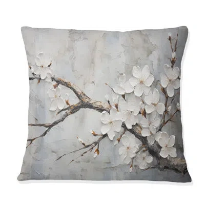 Design Art Minimalism White And Grey Cherry Blossom - Cherry Blossom Printed Throw Pillow In White;gray