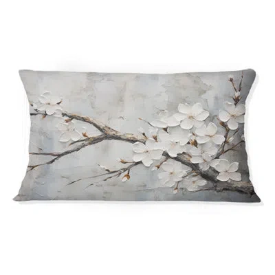 Design Art Minimalism White And Grey Cherry Blossom - Cherry Blossom Printed Throw Pillow In White;gray