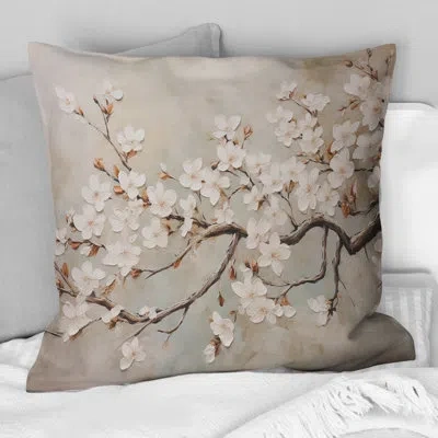 Design Art Minimalism White And Grey Cherry Blossom Iii - Cherry Blossom Printed Throw Pillow In White;gray