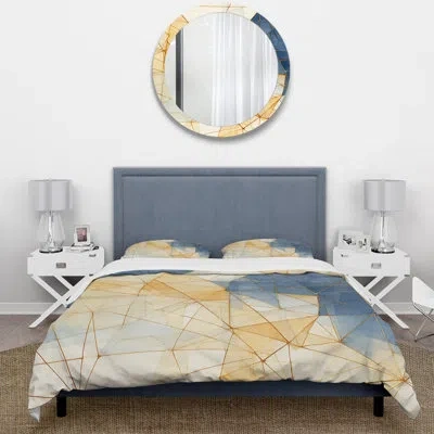 Design Art Minimalist Blue And Gold Ii - Abstract Shapes Duvet Cover Set In Blue;gold