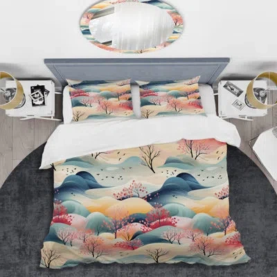 Design Art Minimalist Landscapes Ii - Abstract Duvet Cover Set - Microfiber Polyester In Pink;teal