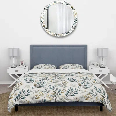 Design Art Minimalist Leaves V - Plants Duvet Cover Set - Microfiber Polyester In Blue;beige