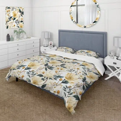 Design Art Minimalist Neutral White Botanics I White/yellow Microfiber Duvet Cover Set In White;yellow